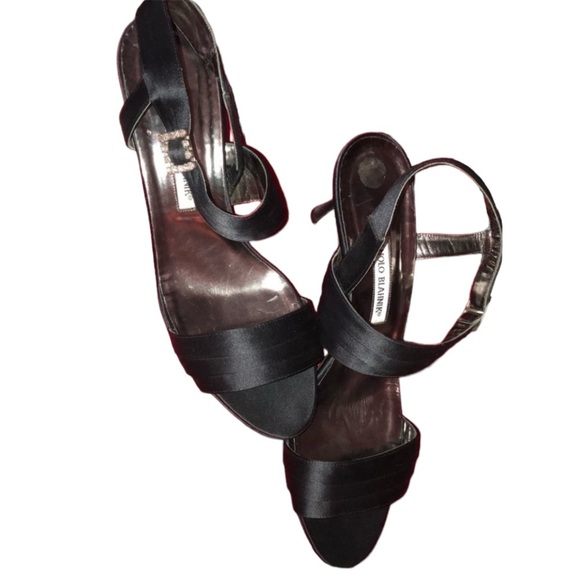 Manila Bkanik  size 10 black satin heels ankle strap with rhinestones 3” heel - Picture 1 of 15